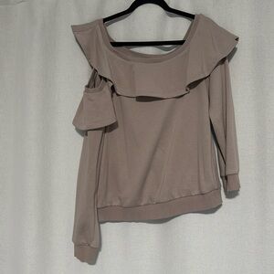 Off the shoulder, peekaboo sleeve ruffled sweatshirt